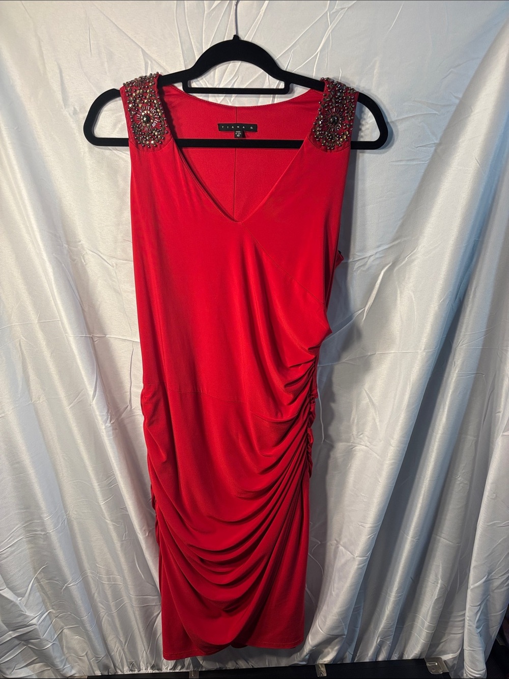 Sleeveless Red Ruched Midi Dress with Beaded Shoulders
